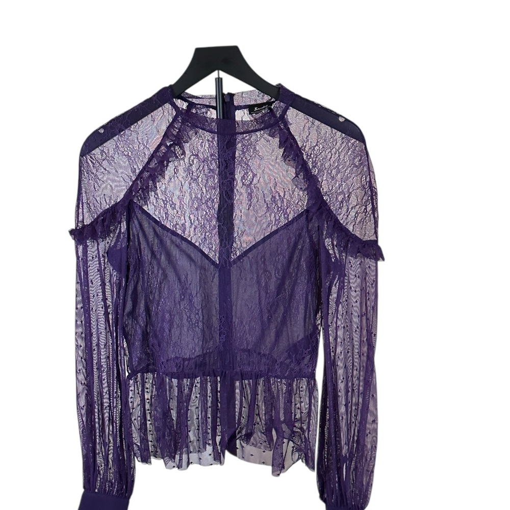 Bardot Purple Sheer Lace Peplum Blouse – Size M / US 8 - Picture 4 of 14